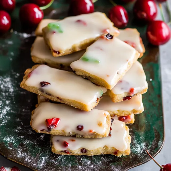 A stack of white and red cookies.