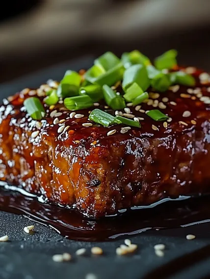 A piece of meat with green onions on top.