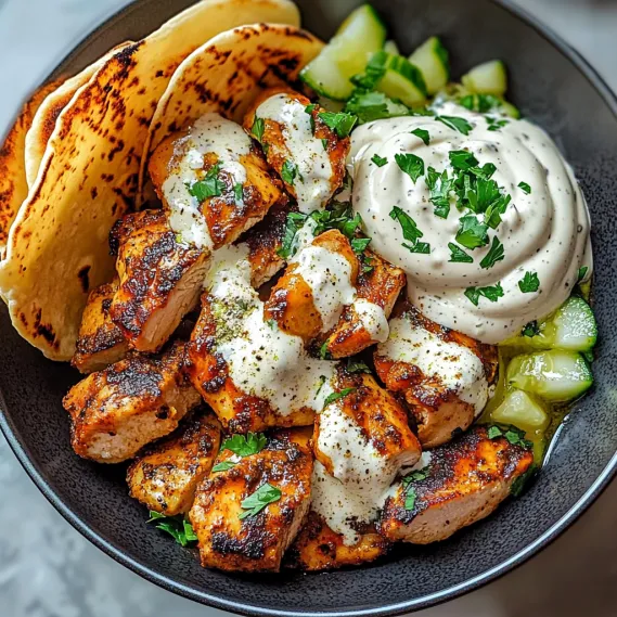 A bowl of food with chicken, sauce, and vegetables.