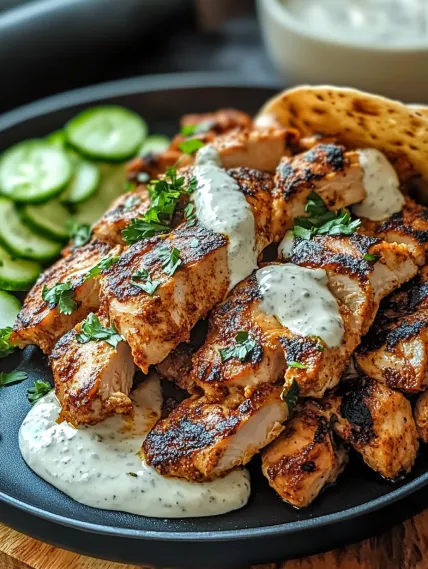 A plate of meat with a side of cucumbers.