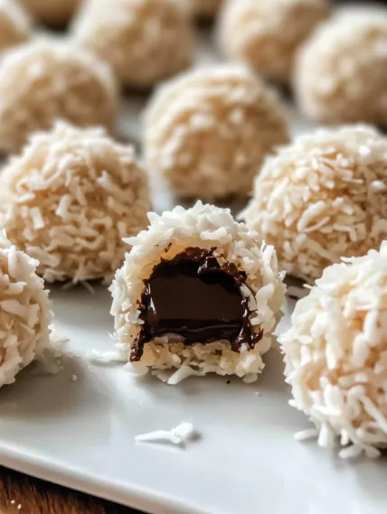 A plate of white balls with chocolate in the middle.