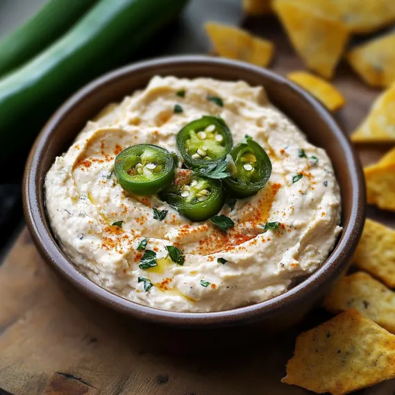 A bowl of hummus with jalapenos on top.