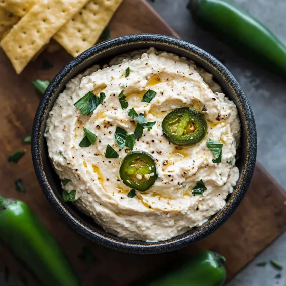 A bowl of hummus with jalapenos on a table.
