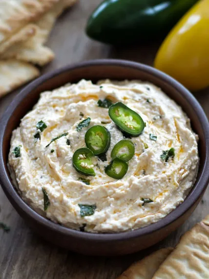 A bowl of hummus with jalapenos on top.