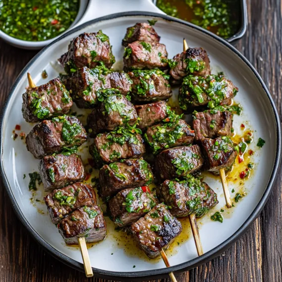A plate of meat with a green sauce.