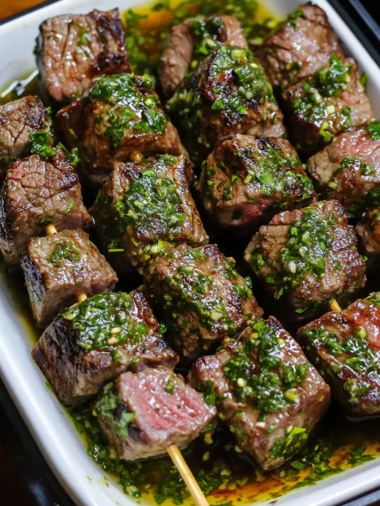 A plate of meat with green stuff on it.
