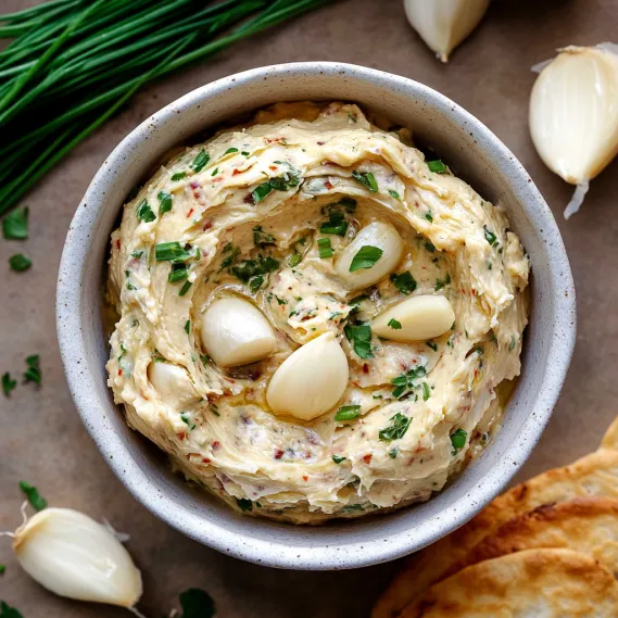 A bowl of dip with onions and garlic.