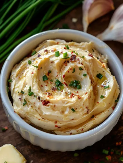 A bowl of dip with green toppings.
