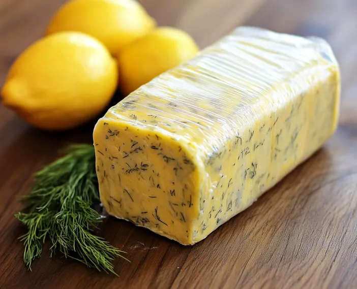 A block of butter with lemons on the side.