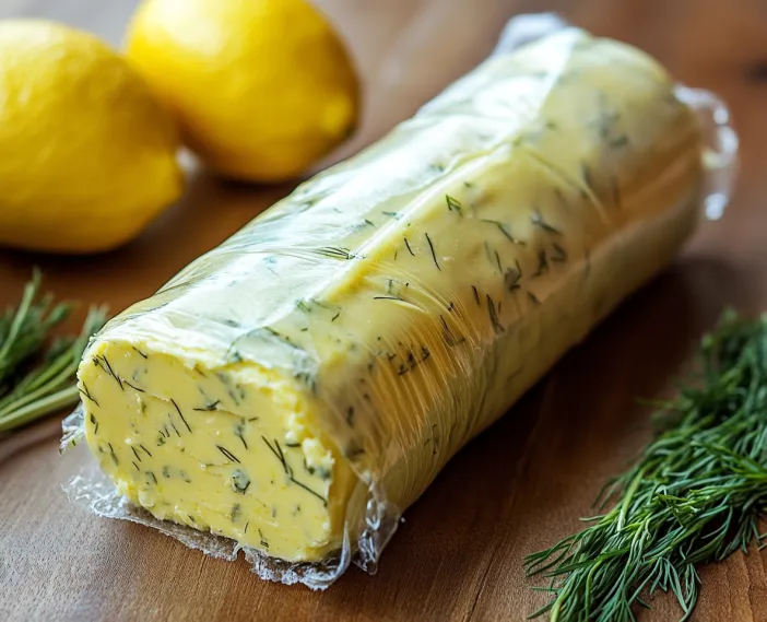 A package of butter with lemon slices on the table.