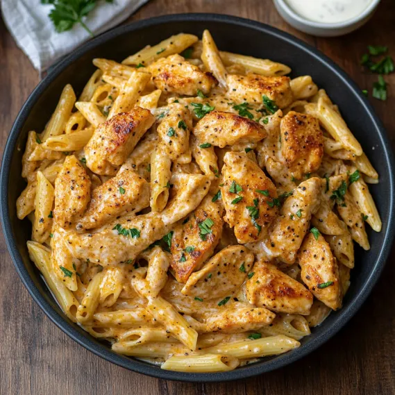A bowl of chicken and pasta.
