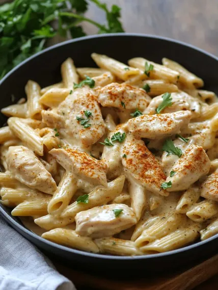 A bowl of pasta with chicken and cheese.