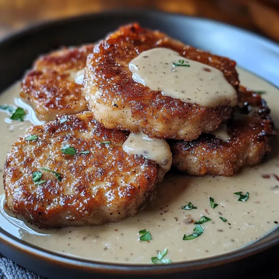 A plate of meat covered in gravy.