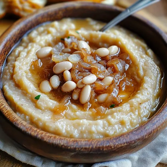 A bowl of soup with beans and onions.