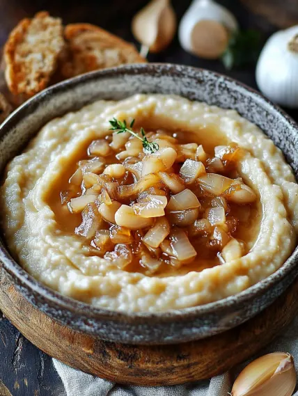A bowl of soup with onions and garlic.