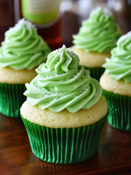 Green cupcakes with white frosting and sprinkles.