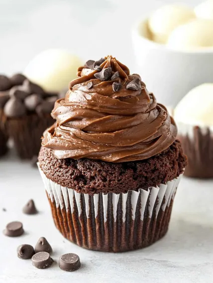 A chocolate cupcake with chocolate chips on top.