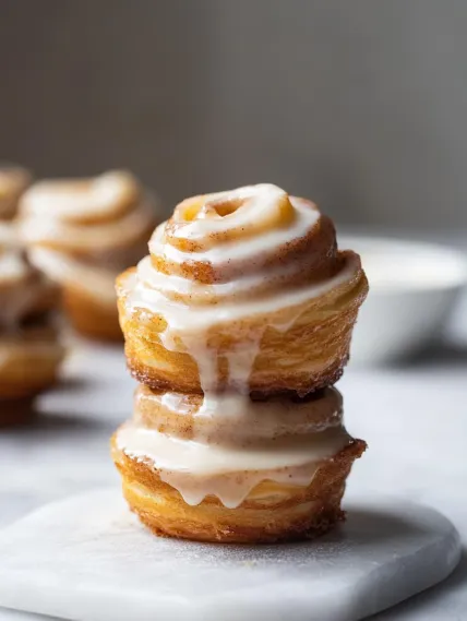 A stack of three donuts with frosting.