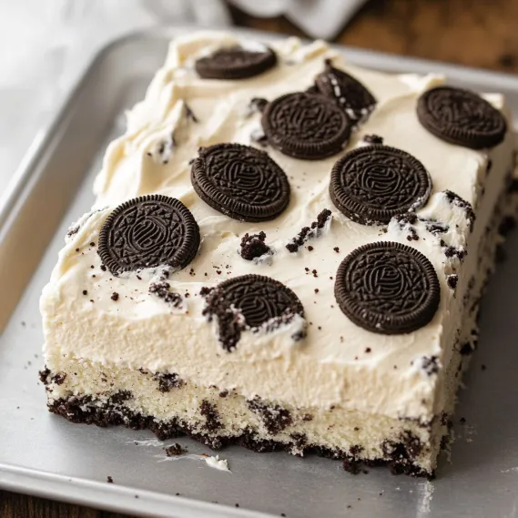 A slice of cake with chocolate and white frosting.