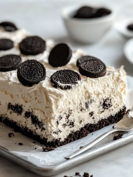 A slice of cake with chocolate and white frosting.