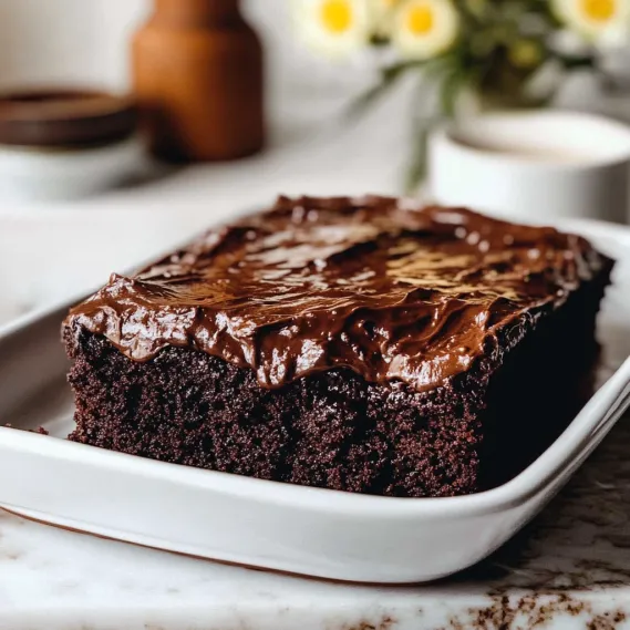 A chocolate cake with chocolate frosting.