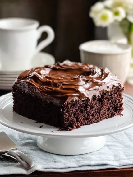A chocolate cake on a white plate.