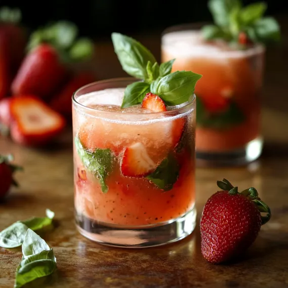 A glass of strawberry and mint drink.