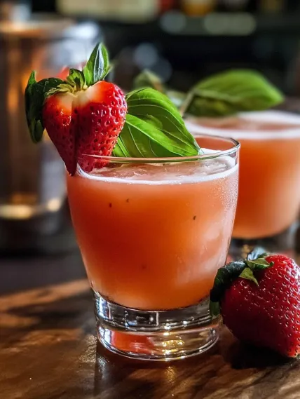 A glass of pink drink with a strawberry on top.
