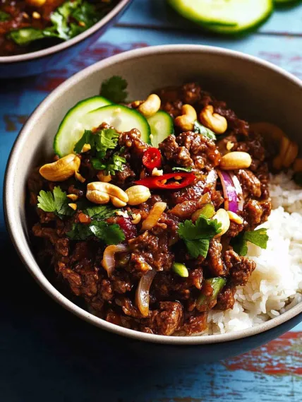 A bowl of food with meat, vegetables, and nuts.
