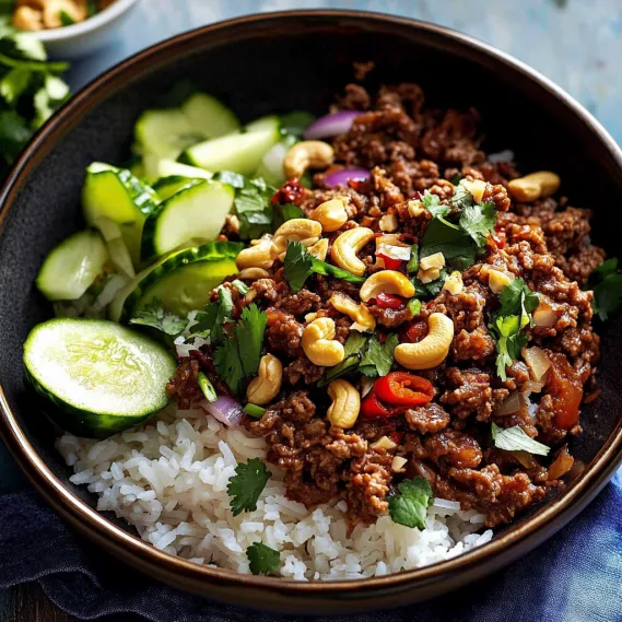 A bowl of food with rice, meat, and vegetables.