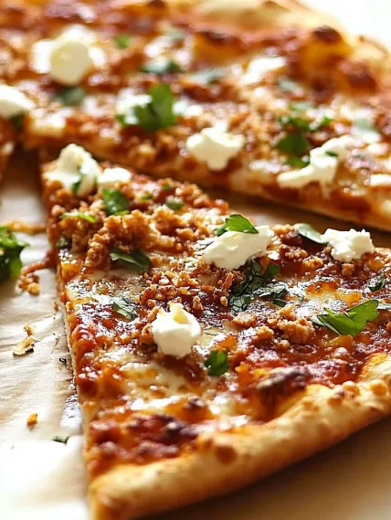 A pizza with cheese and herbs on top.