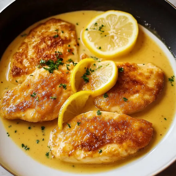 A plate of chicken with lemon wedges on top.
