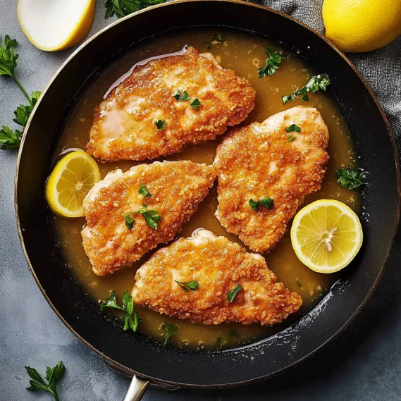 A pan of chicken with lemon slices on top.