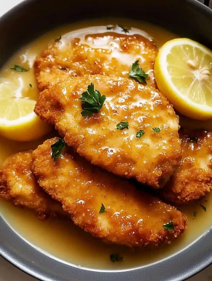 A plate of breaded chicken with lemon wedges on top.