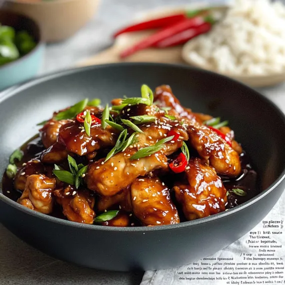 A bowl of chicken with peppers and sauce.