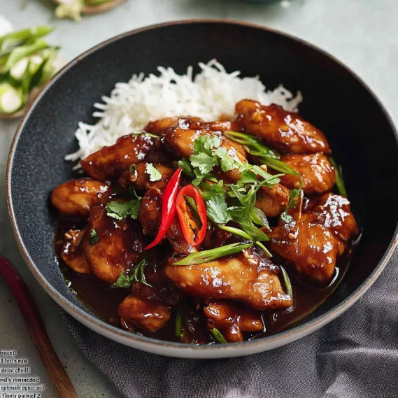 A bowl of chicken with rice and peppers.