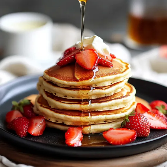 A stack of pancakes with strawberries and syrup.
