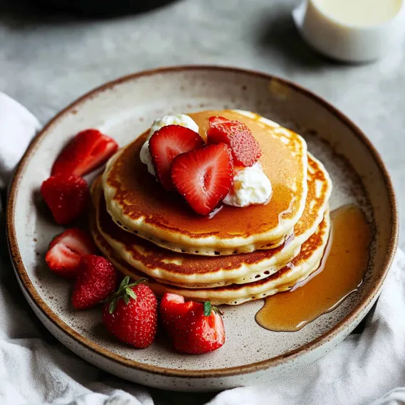A stack of pancakes with strawberries and whipped cream on top.