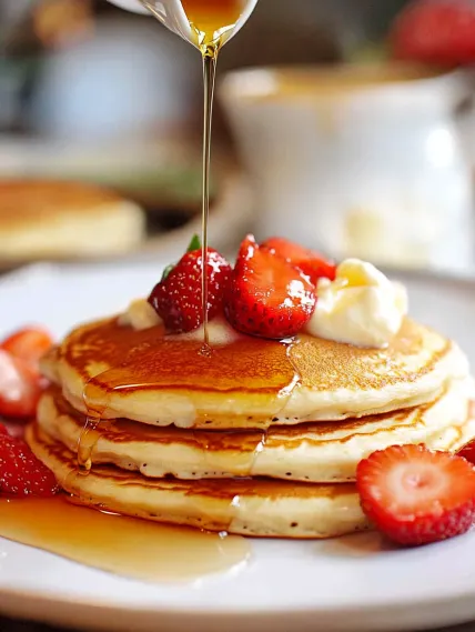A stack of pancakes with strawberries and butter.