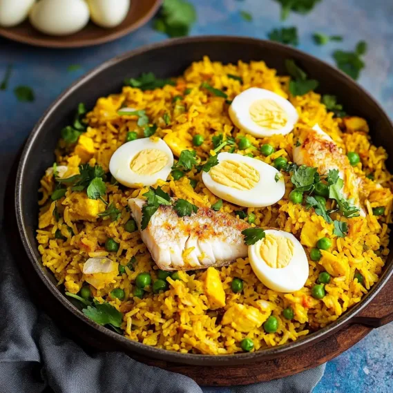 A bowl of rice with eggs and peas.