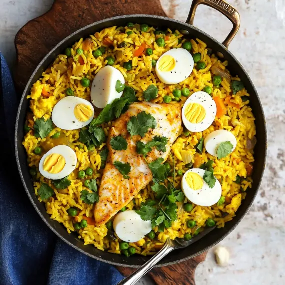 A bowl of rice with eggs and peas.
