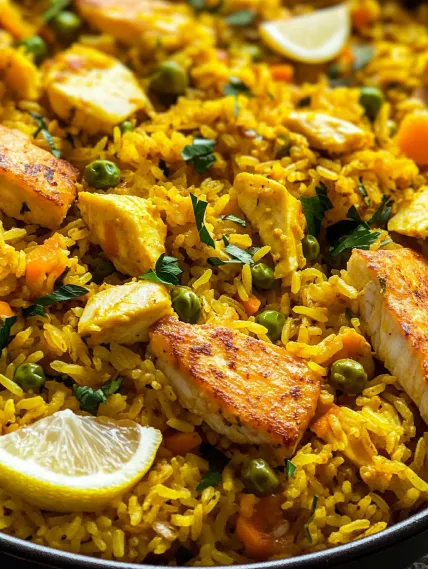 A plate of rice with chicken and peas.