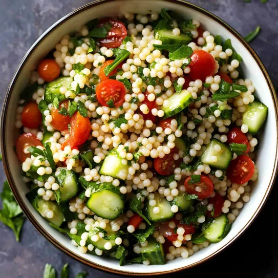 A bowl of food with tomatoes, cucumbers, and rice.