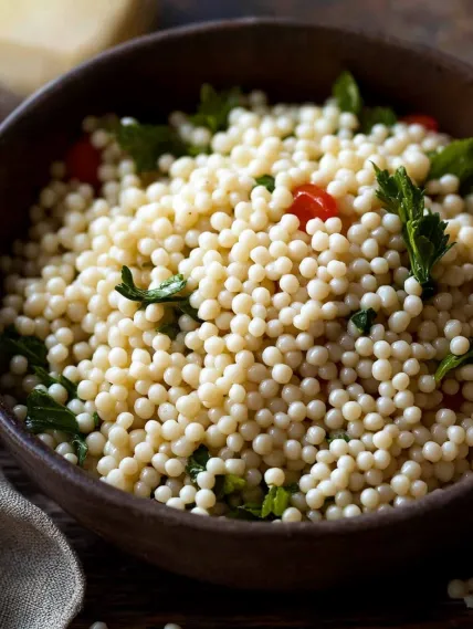 A bowl of white rice with green leaves.