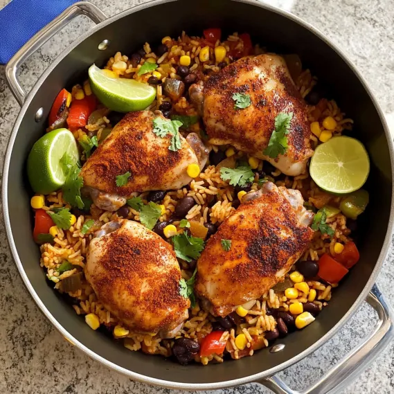 A pan of food with chicken and rice.