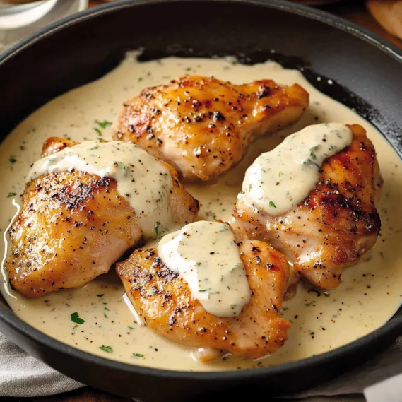 A pan of chicken with sauce.