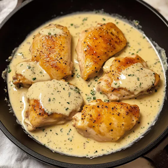 A pan of chicken with sauce.