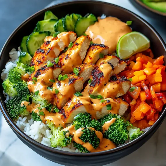 A bowl of food with rice, broccoli, carrots, and chicken.
