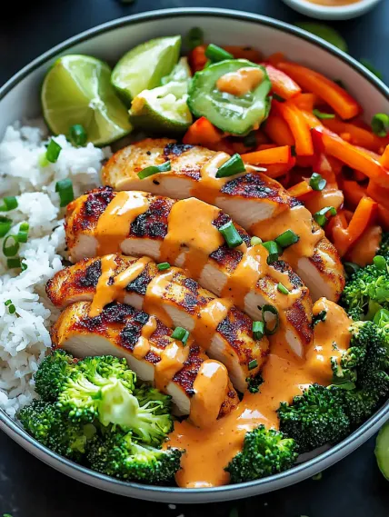 A bowl of food with rice, chicken, broccoli, and carrots.