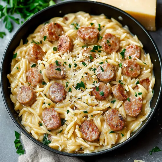 A bowl of pasta with sausage and cheese.